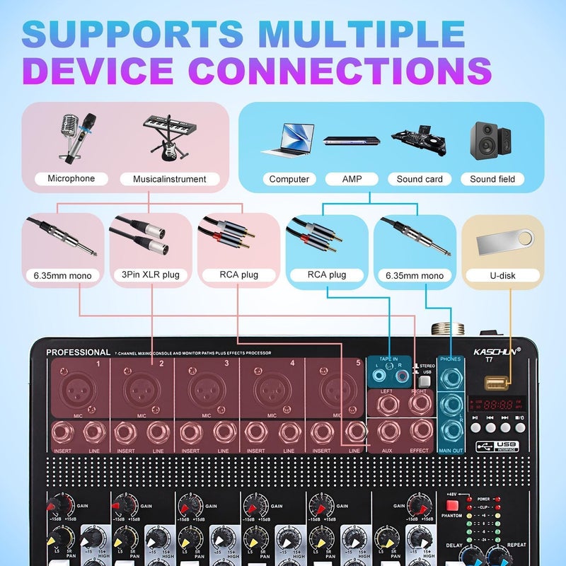 Kaschun T7 7-Channel Audio Mixer with 48V Phantom Power, USB/MP3 Input & Reverb Effects for PC Recording, Parties & Weddings​ - Image 4